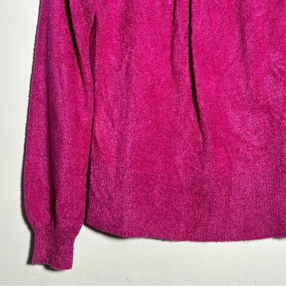 Worthington Fuchsia Scoop Neck Fuzzy Pink Shimmer Sweater Small Blouson Sleeve - Picture 3 of 13